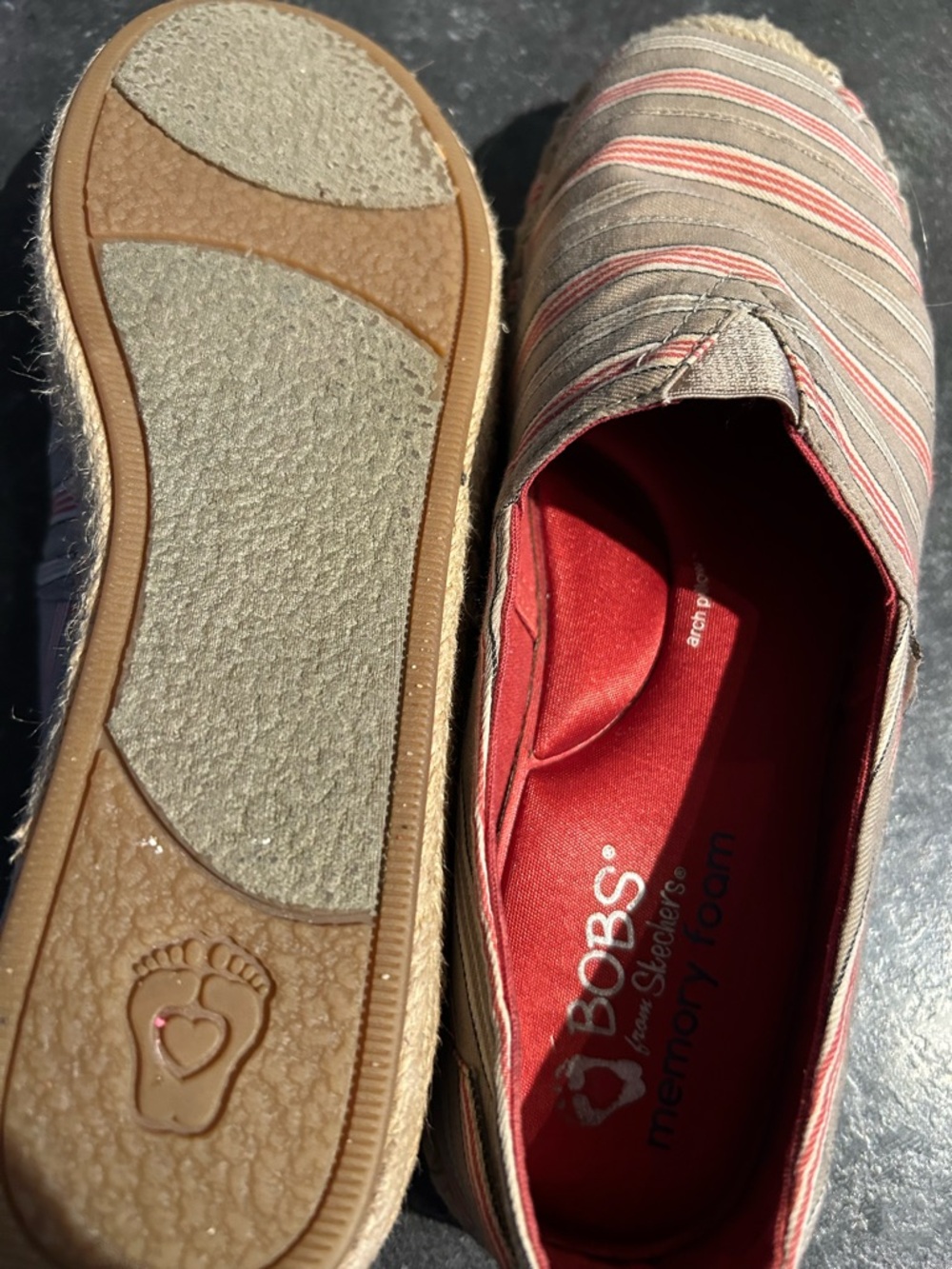 Skechers BOBS Striped Slip-On Flats in Taupe with Red Insole